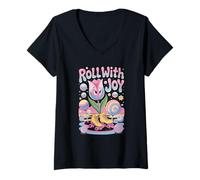 Mujer Roll Joy Fun - Patín de ruedas colorido con flores Camiseta Cuello V