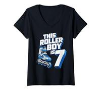 Mujer Roller Boy 7º cumpleaños Rollerblading Skater Kid Edad 7 Fiesta Camiseta Cuello V