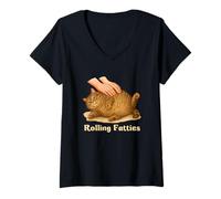 Mujer Rolling Fatties Funny Chubby Fat Tabby Cat Meme Lazy Cat Camiseta Cuello V