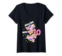 Mujer Rolling Into 10 Birthday Roller Skater Niños Niñas Niños Cumpleaños Camiseta Cuello V