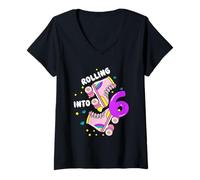 Mujer Rolling Into 6 Birthday Roller Skater Niños Niñas Niños Cumpleaños Camiseta Cuello V