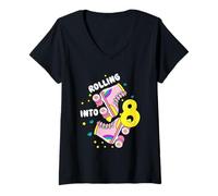 Mujer Rolling Into 8 Birthday Roller Skater Niños Niñas Niños Cumpleaños Camiseta Cuello V