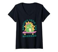 Mujer Rolling Into The Weekend Skateboard Frog Kawaii, Linda y Divertida Camiseta Cuello V
