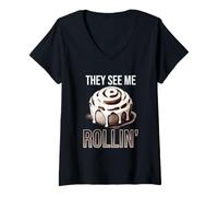 Mujer Rollo de Canela They See Me Rollin' - Humor Divertido para Hornear Camiseta Cuello V