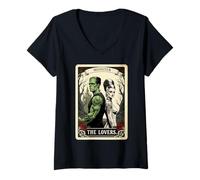 Mujer Romance Espeluznante Frankenstein The Lovers Tarot Halloween Vibe Camiseta Cuello V