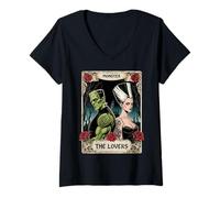 Mujer Romance Frankenstein The Lovers Tarot clásico Ambiente de Halloween Camiseta Cuello V