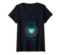 Mujer Rompecabezas Azul Iluminado con diseño de Conciencia de corazón Camiseta Cuello V