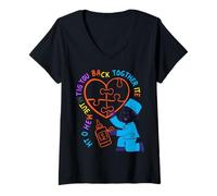 Mujer Rompecabezas de corazón de neón Diseño médico - Cuidador sanador Camiseta Cuello V