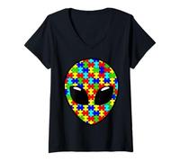Mujer Rompecabezas Divertido de Cara de alienígena con el Mes de concienciación sobre Camiseta Cuello V