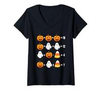 Mujer Rompecabezas matemático Halloween Calabaza Fantasma Caramelo Ecuación de maíz Matemáticas Camiseta Cuello V
