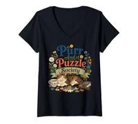Mujer Ronroneo Y Puzzle Sociedad Amante De Los Gatos Camiseta Cuello V