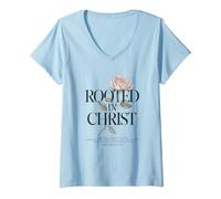 Mujer Rooted In Christ Rose - Verso de fe Cristiana Floral Camiseta Cuello V