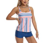 Mujer Ropa de Playa Tankini con Estampado de Rayas Bikini de Dos Piezas Traje de baño Ropa de Fiesta Push-Up Deportivo Modesto Trajes de baño de Cintura Alta con Shorts AzulTW 4XL