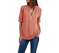 Mujer Ropa Larga Mujer Gasa Suelta Cremallera Botón Manga Camisa Plus Size Tops Camiseta de Manga Larga Mujer, naranja, S