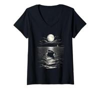 Mujer Ropa Rowboat Adrift de Moonlight Ocean Camiseta Cuello V