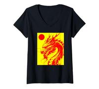 Mujer Ropa Urbana asiática con Estampado de dragón Rojo, Sol, Sol Camiseta Cuello V