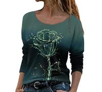 Mujer Ropa Vestido Impreso Pluma Mujer Flores Camiseta Flores Paisaje Pintura Manga Larga Estampado O Cuello Impreso Sudadera Casual Tops Cuello Redondo Camiseta de Malla Neón, Verde militar., XXL