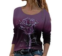 Mujer Ropa Vestido Impreso Pluma Mujer Flores Camiseta Flores Paisaje Pintura Manga Larga Estampado O Cuello Impreso Sudadera Casual Tops Cuello Redondo Camiseta de Malla Neón, morado, M