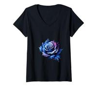 Mujer Rosa Azul Mística - Encantador Vector Floral Camiseta Cuello V