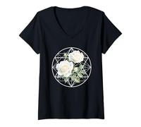 Mujer Rosa Blanca Flor Geometría Sagrada Arte Meditación Espiritual Camiseta Cuello V