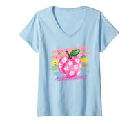 Mujer Rosa Manzana Margarita Flor Pincelada Camiseta Cuello V