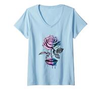 Mujer Rosa morada goteando labios boca flor tallo mujeres niñas Camiseta Cuello V
