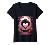 Mujer Rosa Negra, corazón de púas y murciélagos Camiseta Cuello V
