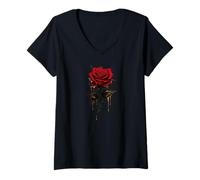 Mujer Rosa negra mágica que gotea, fresca, mística, hermosa rosa negra Camiseta Cuello V