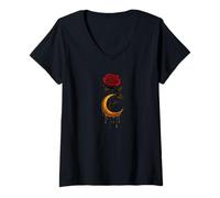 Mujer Rosa negra mágica que gotea, mística, hermosa rosa negra Camiseta Cuello V