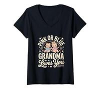 Mujer Rosa O Azul La Abuela Te Ama Negro Bebé Revelación De Género Camiseta Cuello V