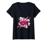 Mujer Rosa Pow Comic Pop Art Moderno Divertido Diseño Retro Camiseta Cuello V