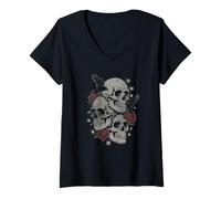 Mujer Roses and Skulls Elder EMO Grunge Punk Graphic Goth Gothic Camiseta Cuello V