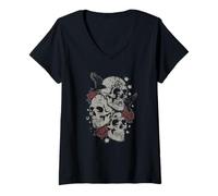 Mujer Roses and Skulls Elder EMO Grunge Punk Graphic Goth Gothic Camiseta Cuello V