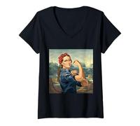 Mujer Rosie The Riveter como Mona Lisa Art Parody Camiseta Cuello V