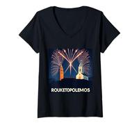 Mujer Rouketopolemos Chios Griego Pascua Fuegos Artificiales Batalla Tradición Camiseta Cuello V