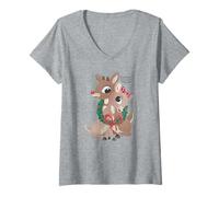 Mujer Rudolph and Clarice Holiday Wreath Vintage Christmas Camiseta Cuello V