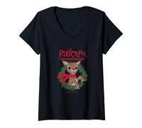 Mujer Rudolph Holiday Wreath Illustration Vintage Christmas Camiseta Cuello V