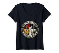 Mujer Rueda Medicinal Cuatro direcciones Pluma indígena Camiseta Cuello V