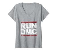 Mujer Run DMC Grunge Logo Camiseta Cuello V, Gris Jaspeado, M