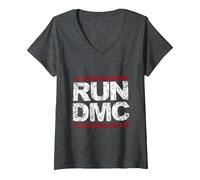 Mujer Run DMC Grunge Logo Camiseta Cuello V, Jaspeado Oscuro, XL