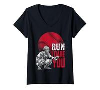 Mujer Run Steal I Dare You Baseball Catcher Vintage Humor Camiseta Cuello V