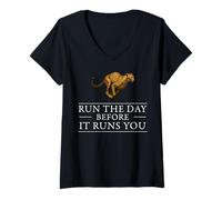 Mujer Run The Day Cheetah Motivacional Afirmación Hustle Mentalidad Camiseta Cuello V