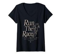 Mujer Run The Race Christian Runner Versículo de la Biblia Fe Deporte Camiseta Cuello V