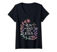 Mujer Run The Race with Jesus Fe del Corredor Cristiano - Camiseta Cuello V