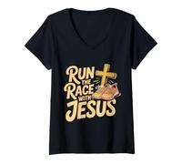 Mujer Run The Race with Jesus Fe del Corredor Cristiano - Camiseta Cuello V
