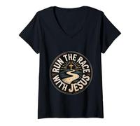 Mujer Run The Race with Jesus Fe del Corredor Cristiano |- Camiseta Cuello V