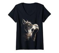 Mujer Rústico Bobcat Sosteniendo Luna Luz De La Luna Estética Animal Arte Camiseta Cuello V
