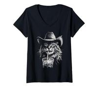 Mujer Rústico Cowboy Maine Coon Cat Bebiendo Café Helado Western Camiseta Cuello V