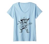 Mujer Rústico Pug Perro Vaquero Guitarra Músico Country Music Western Camiseta Cuello V
