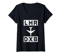 Mujer Ruta de avión LHR a DXB Londres Dubai Camiseta Cuello V